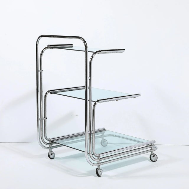 Art Deco Streamline Three Tier Chrome & Glass Bar Cart W/ Removable Trays For Sale - Image 9 of 12