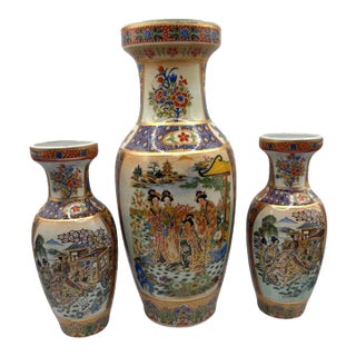 Vintage Satsuma Style Hand-Painted Japanese Geisha & Garden Motif - A 3 Piece Set For Sale