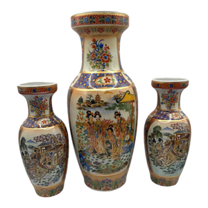Vintage Satsuma Style Hand-Painted Japanese Geisha & Garden Motif - A 3 Piece Set