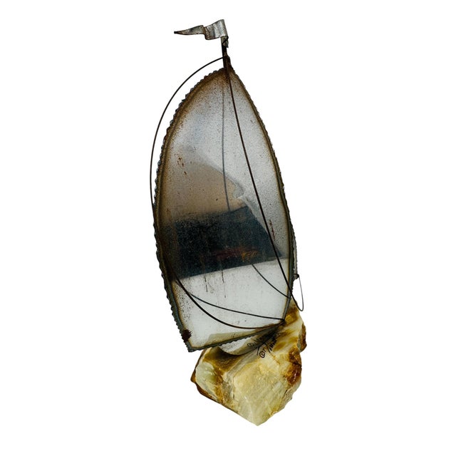 Metal 1970s Brutalist Metal Sailboat Sculpture on Onyx Base by DeMott - Set With Original Tag For Sale - Image 7 of 16