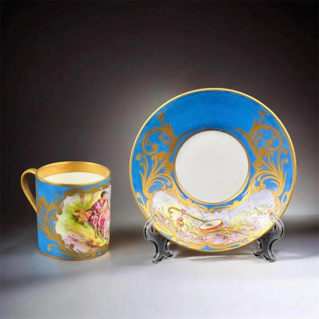 French Hand-Painted Porcelain Cup and Saucer in the style of Sèvre, 1890s, Set of 2 For Sale - Image 13 of 13