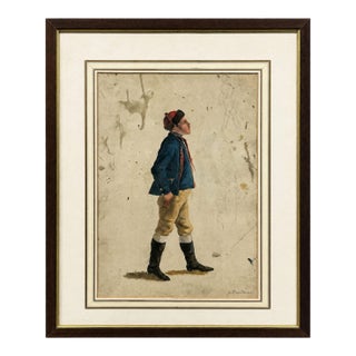 French Signed Watercolor "Young Soldier", 19th Century For Sale