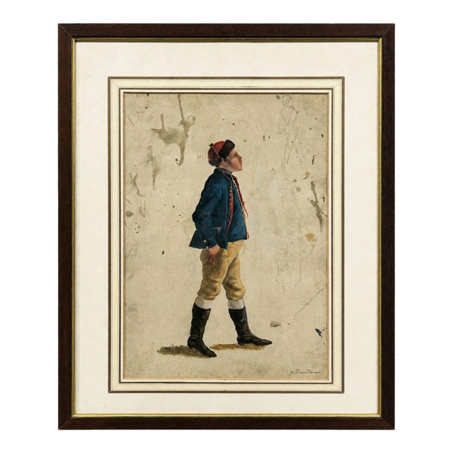 French Signed Watercolor "Young Soldier", 19th Century For Sale