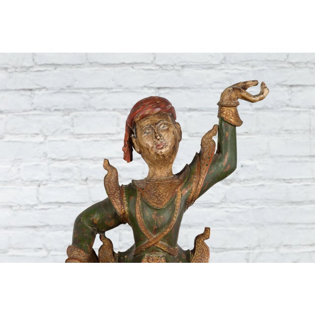 Wood 19th Century Balinese Hand-Carved & Painted Wooden Young Dancer Sculpture For Sale - Image 7 of 12