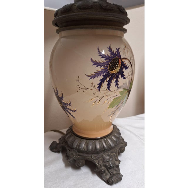 Gray Antique German Table Lamp with Decorated Metal Base with Ceramic Column and Handmade Fabric Shade from Lamplove, 1890 For Sale - Image 8 of 10