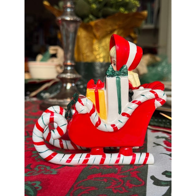 Red 1956 Lefton Ceramic Shopper Girl in Sleigh For Sale - Image 8 of 12
