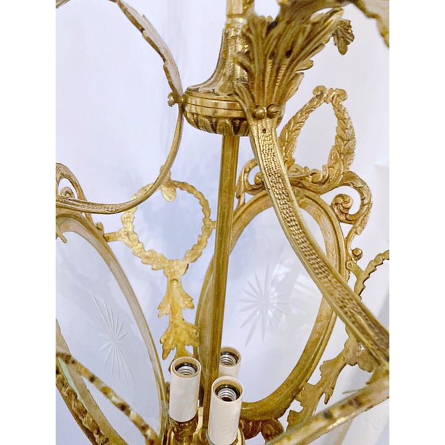 Vintage Bronze Lantern With Etched Glass Panels For Sale In New York - Image 6 of 10