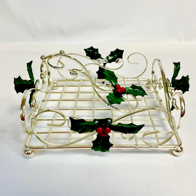 American 1980s Vintage Hollywood Regency Americana Boho Chic Napkin Holder With Holly Berry Motif, Christmas For Sale - Image 3 of 10