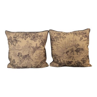 Brunschwig and Fils “On Point”-Hunting Toile in Tobacco and Cream-Pillows- a Pair For Sale