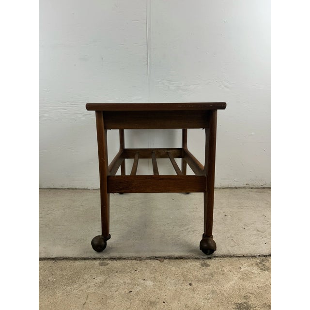 Mid Century Modern End Table With Black Vinyl Top and Wheels For Sale - Image 11 of 12