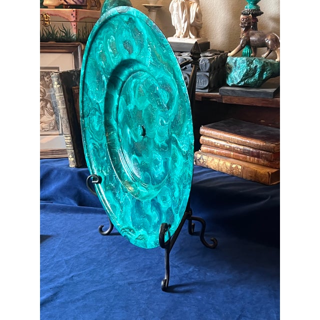 Green Large Art Deco Faux Malachite Painted Decorative Vintage Plate Charger on Stand For Sale - Image 8 of 10