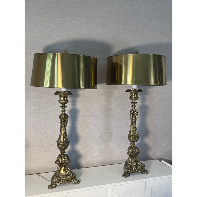 Antique Palatial Baroque Style Brass Lamps With Brass Shades - a Pair For Sale - Image 11 of 12