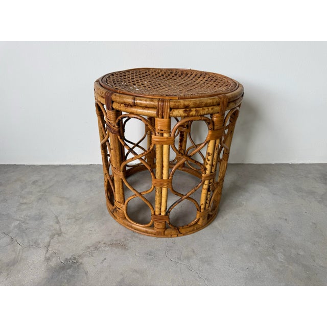 Wood Vintage Boho Chic Tortoise Shell Finish Bamboo Cane Top Drum Side Table/ Sold For Sale - Image 7 of 8
