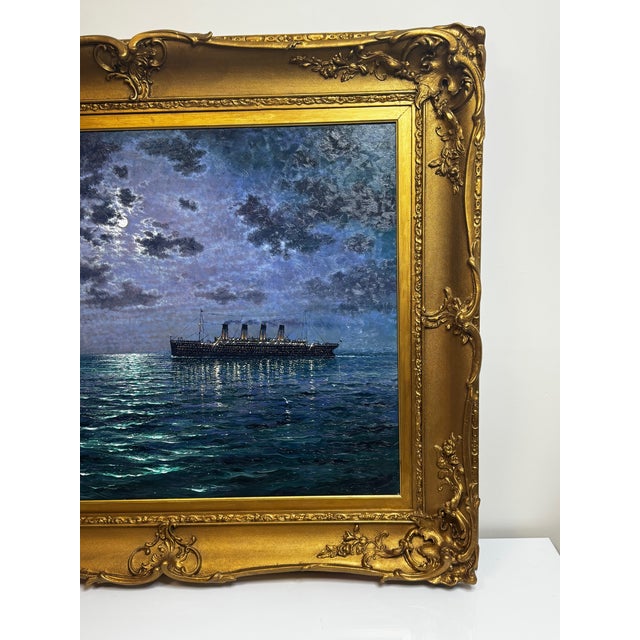 Ships That Pass in the Night — RMS Titanic Under Moonlight With RMS Olympic on the Horizon | Large Framed Oil on Canvas by Andrew Grant Kurtis For Sale - Image 10 of 18