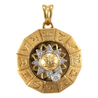 18k Yellow & White Gold Rotating Zodiac Sign Diamond Sun Motif Medal Pendant For Sale
