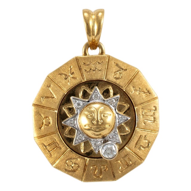 18k Yellow & White Gold Rotating Zodiac Sign Diamond Sun Motif Medal Pendant For Sale