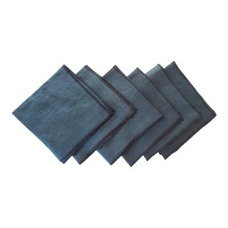 Blue Green Linen Napkins With Black Overlock Edges - Set of 6 For Sale