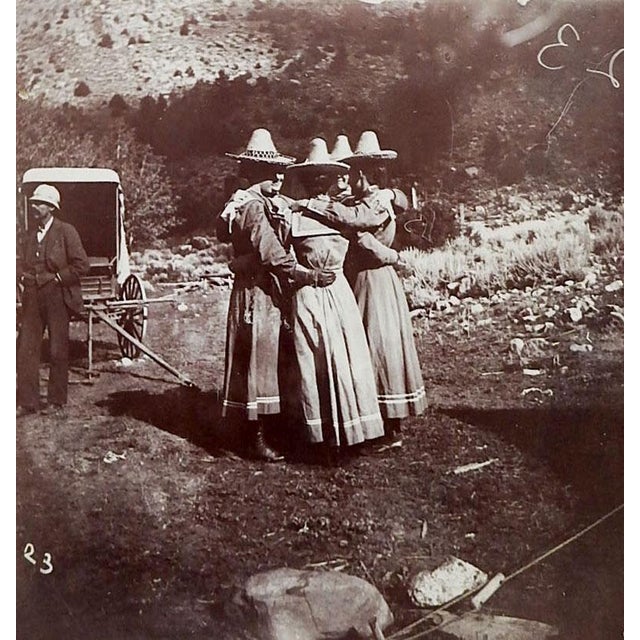 Pair of vintage circa 1900 snapshot sepia toned photographs of Yellowstone tourists roughing it. 4" sq. corner bumps.