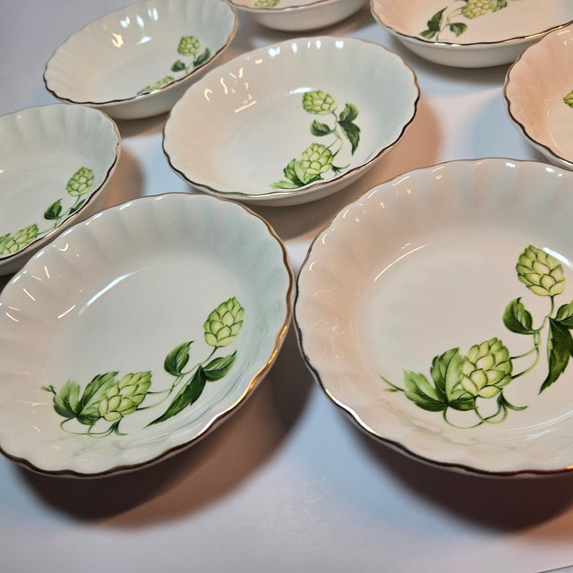 Green Gold Rimmed Hops Dessert Bowl- Set of Eight For Sale - Image 8 of 12