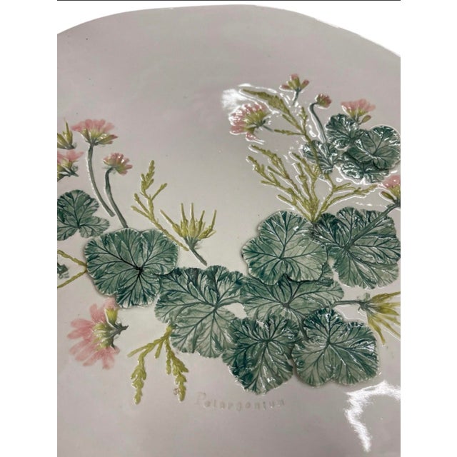 Coastal Vintage Hand-Painted Botanical Pelargonium 3d Relief Ceramic Platter For Sale - Image 3 of 12