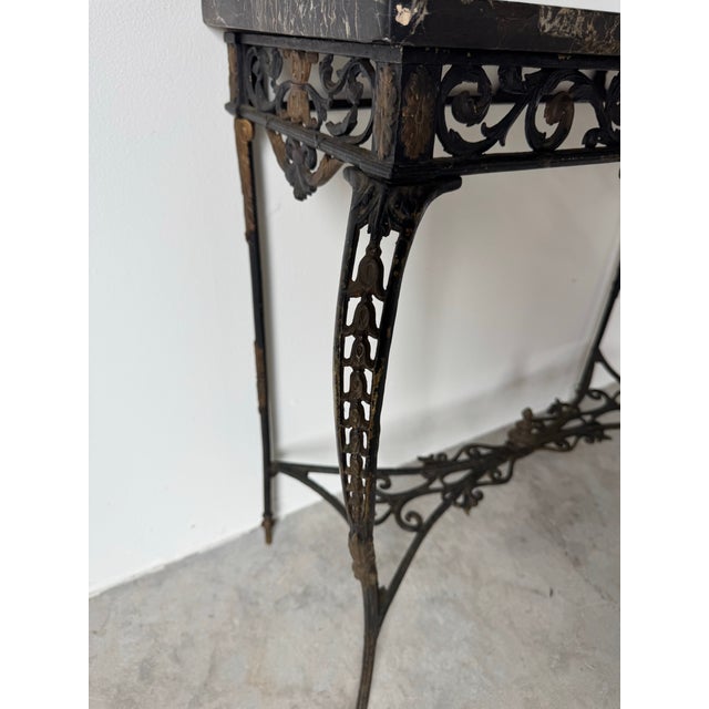 Antique French Oscar Bach–Style Wrought Iron and Brass Console Table With Black Marble Top For Sale - Image 11 of 12