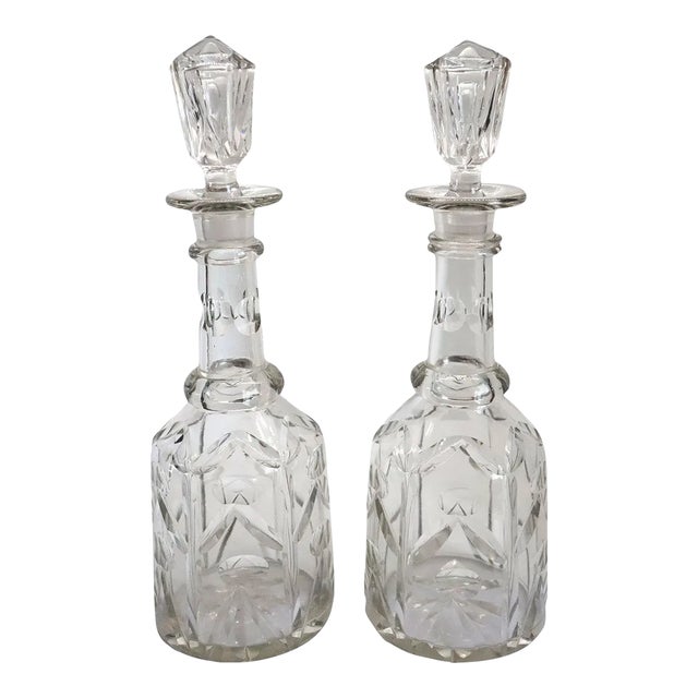 English Mid Victorian Cut Glass Tall Neck Decanters - A Pair For Sale