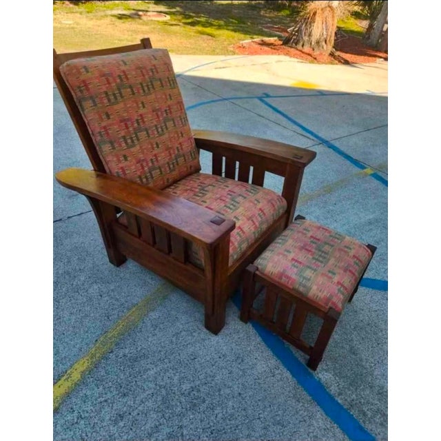 Vintage Stickley Cherry Wood Bow Slant Arm Morris Reclining Chair & Ottoman For Sale - Image 9 of 9