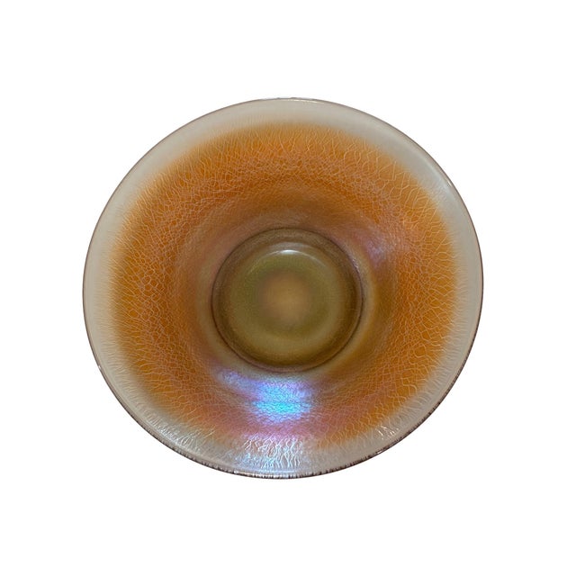 Mid-Century Modern Flared Centerpiece Bowl in Iridescent Orange Crackle Glass For Sale - Image 3 of 6