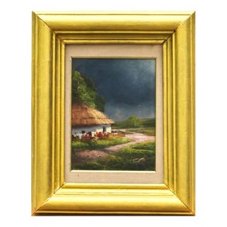 Before the Rain: View of Ukrainian Country Road and Hut, 20th Century, Oil on Board, Framed For Sale