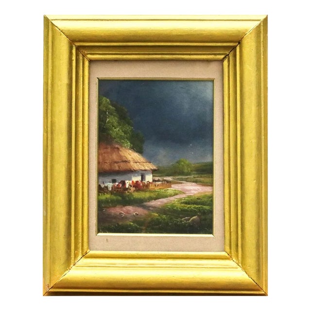 Before the Rain: View of Ukrainian Country Road and Hut, 20th Century, Oil on Board, Framed For Sale