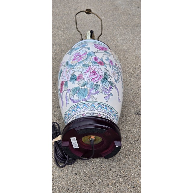 Vintage Chinese Porcelain Floral Table Lamp With Hardwood Base & Pleated Shade For Sale - Image 11 of 12