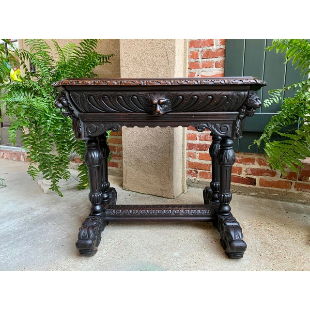 Antique Petite French Carved Oak Dolphin Table Desk Renaissance Gothic. Direct from France, an elegant antique French...