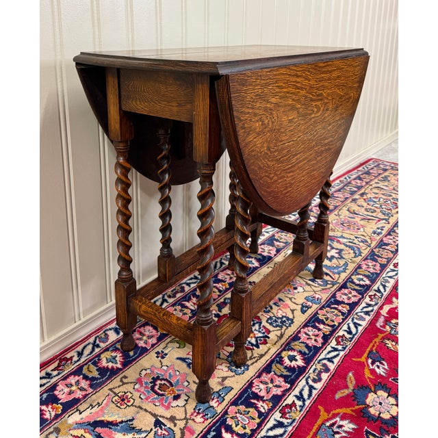 Brown Antique English Table Drop Leaf Gateleg Barley Twist Oak Oval C. 1920-30s For Sale - Image 8 of 17