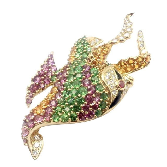 Jean Vitau Diamond Color Stone Large Angel Fish Yellow Gold Brooch For Sale In Philadelphia - Image 6 of 10