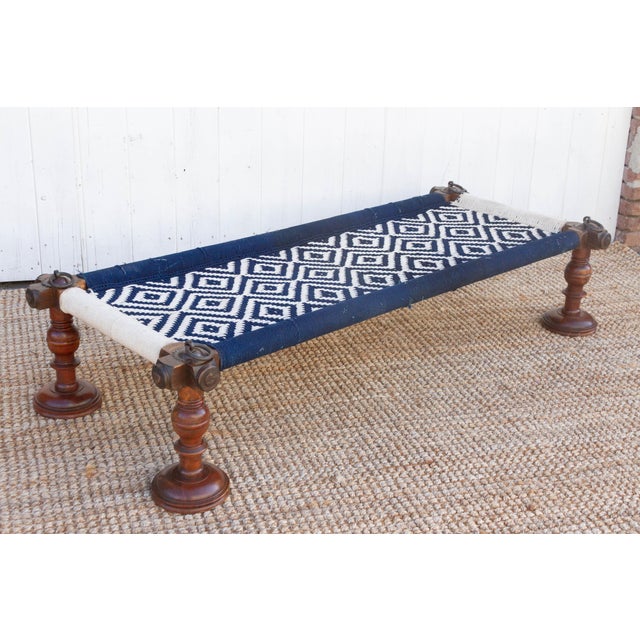 Long Blue & White Woven Charpai Bench For Sale - Image 9 of 10