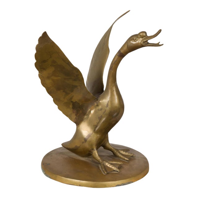 Vintage Bronze Statue of a Swan Extending its Wings with Golden Patina For Sale
