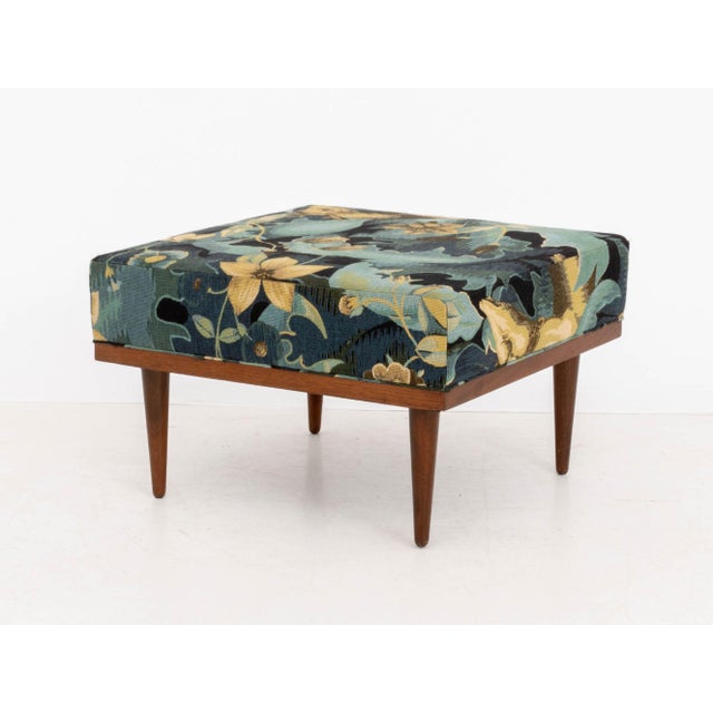 Wood Modern "Doe-Run" Woven Chenille Upholstered Ottoman For Sale - Image 7 of 9