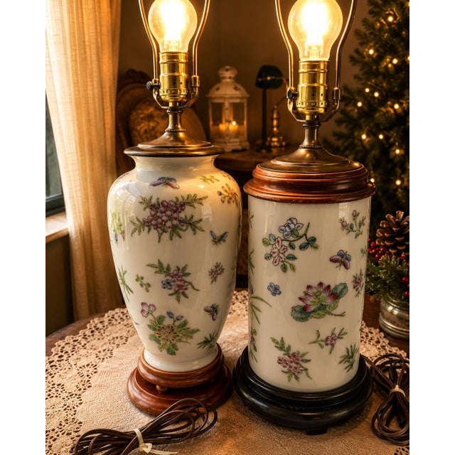 Vintage Chinoiserie Porcelain Table Lamps With Hand-Painted Floral Motifs and Wooden Bases - Pair For Sale - Image 4 of 12
