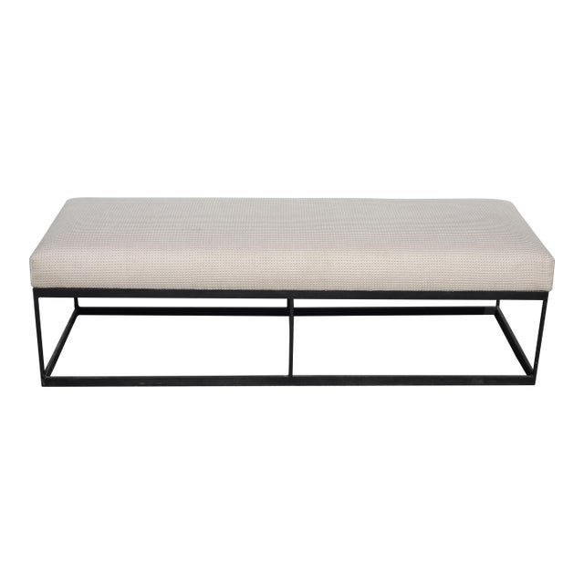 Modern White Bed Side Bench With Iron Base & Designer Fabric For Sale