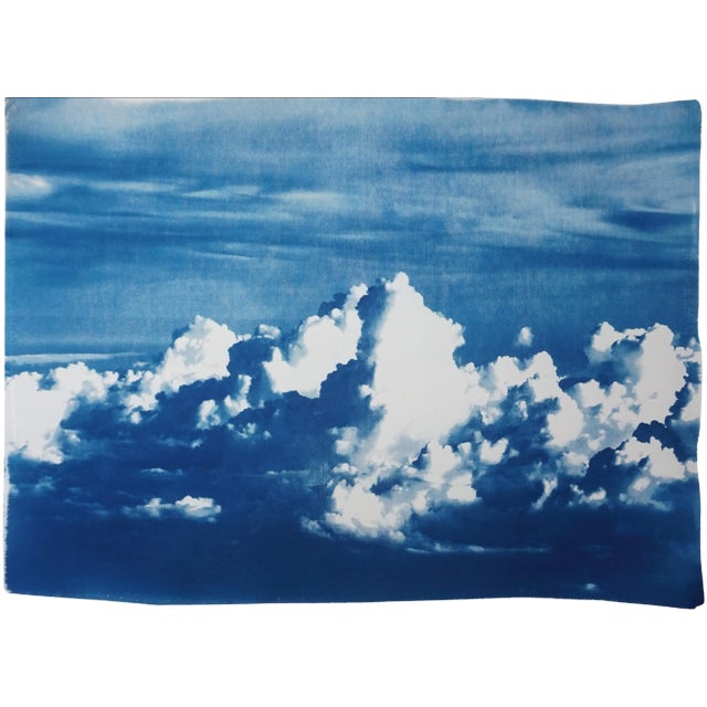 Blustery Clouds After a Storm, Sky Blue Handprinted Cyanotype on Watercolor Paper, Meaningful Scene 28x40 Inch. Limited Edition For Sale