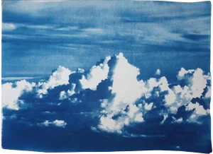 Blustery Clouds After a Storm, Sky Blue Handprinted Cyanotype on Watercolor Paper, Meaningful Scene 28x40 Inch. Limited Edition