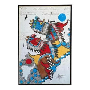 Contemporary Travis Blackbird Drawing on an 1863 Ledger Page "Return of the Thunder Beings" by Evans Flammond Sr.