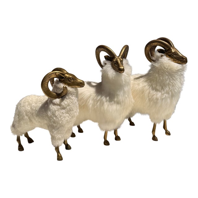 1970s Set of Brass and Fur Mountain Sheep Ram Sculptures - Set of 3 For Sale