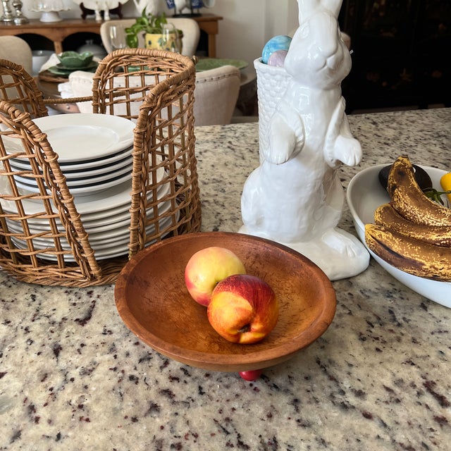 Vintage 1940s Munising Primitive Footed Wood Bowl with Red Feet, Signed
