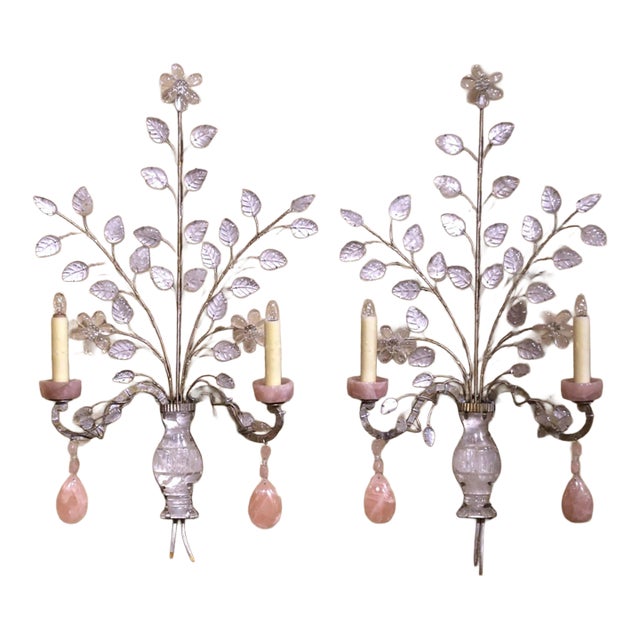 Pair Mid-Century French Rock Crystal and Rose Quartz Two-Light Wall Sconces For Sale