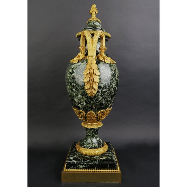 Large Pair of 19th C. Ormolu Mounted Verde Antico Marble Vases For Sale - Image 4 of 11