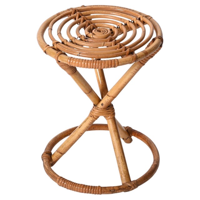 Mid-Century Italian Rattan and Bamboo Round Stool, 1960s For Sale - Image 14 of 14