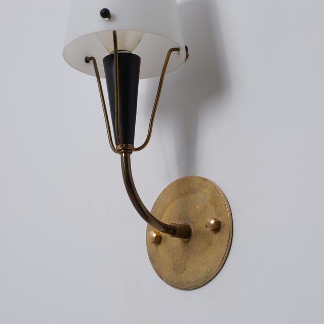 1950s Italian Brass, Black Metal and Opaline Glass Wall Sconces, 1950s, Set of 2 For Sale - Image 5 of 11