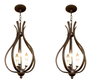 Pair Bronze Finish Three Light Pineapple Form Pendant Light