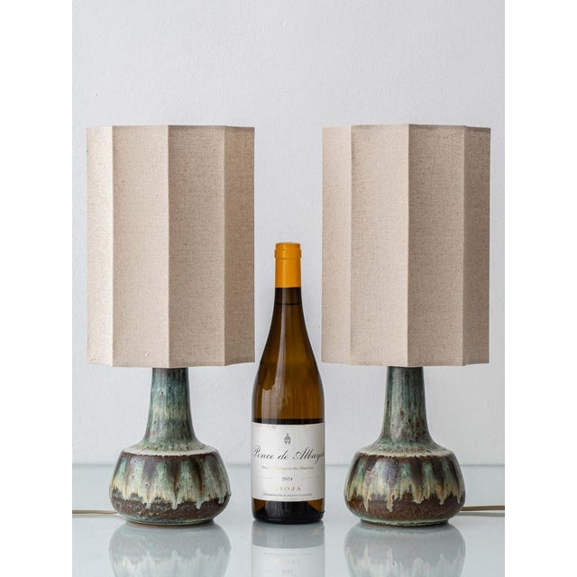 Beautiful pair of Søholm Stentøj small Danish mid-century modern bedside table lamps in richly glazed organic modern...